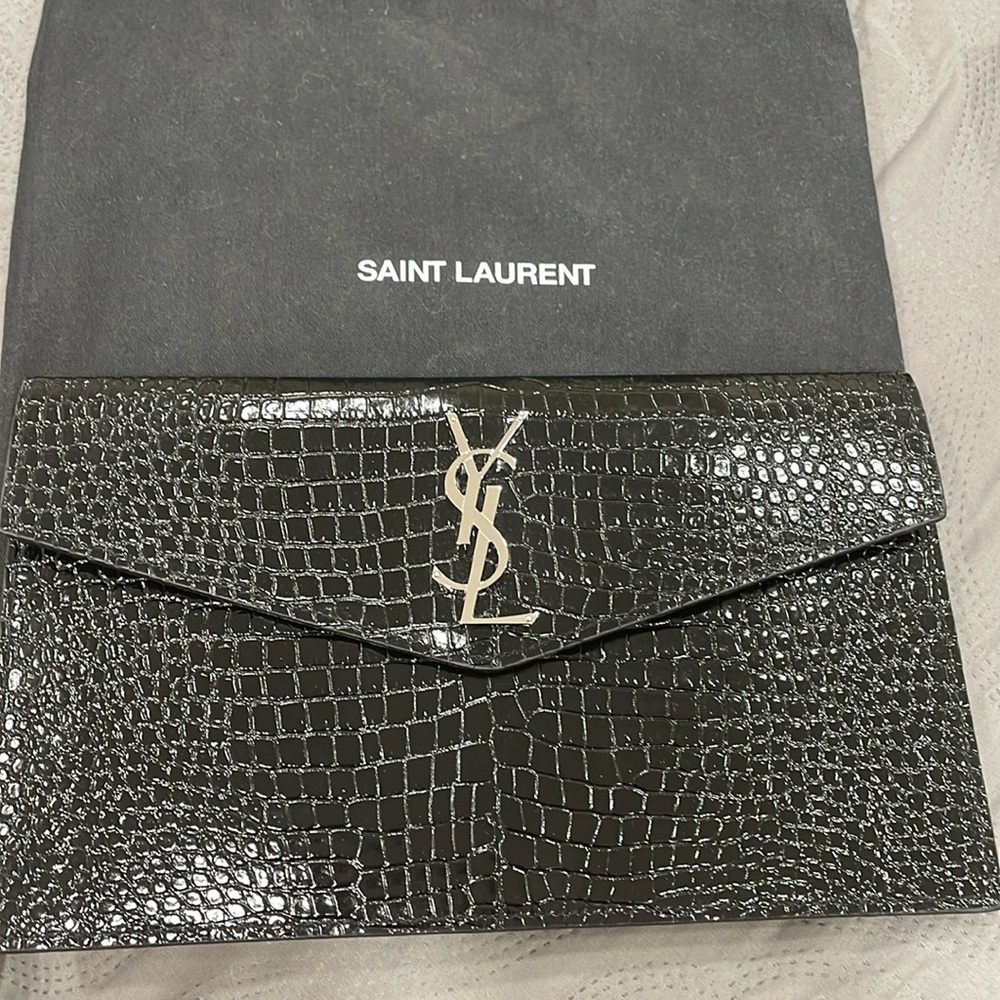 YSL Pouch Medium Cocco Print Monet Nero 100% Authentic